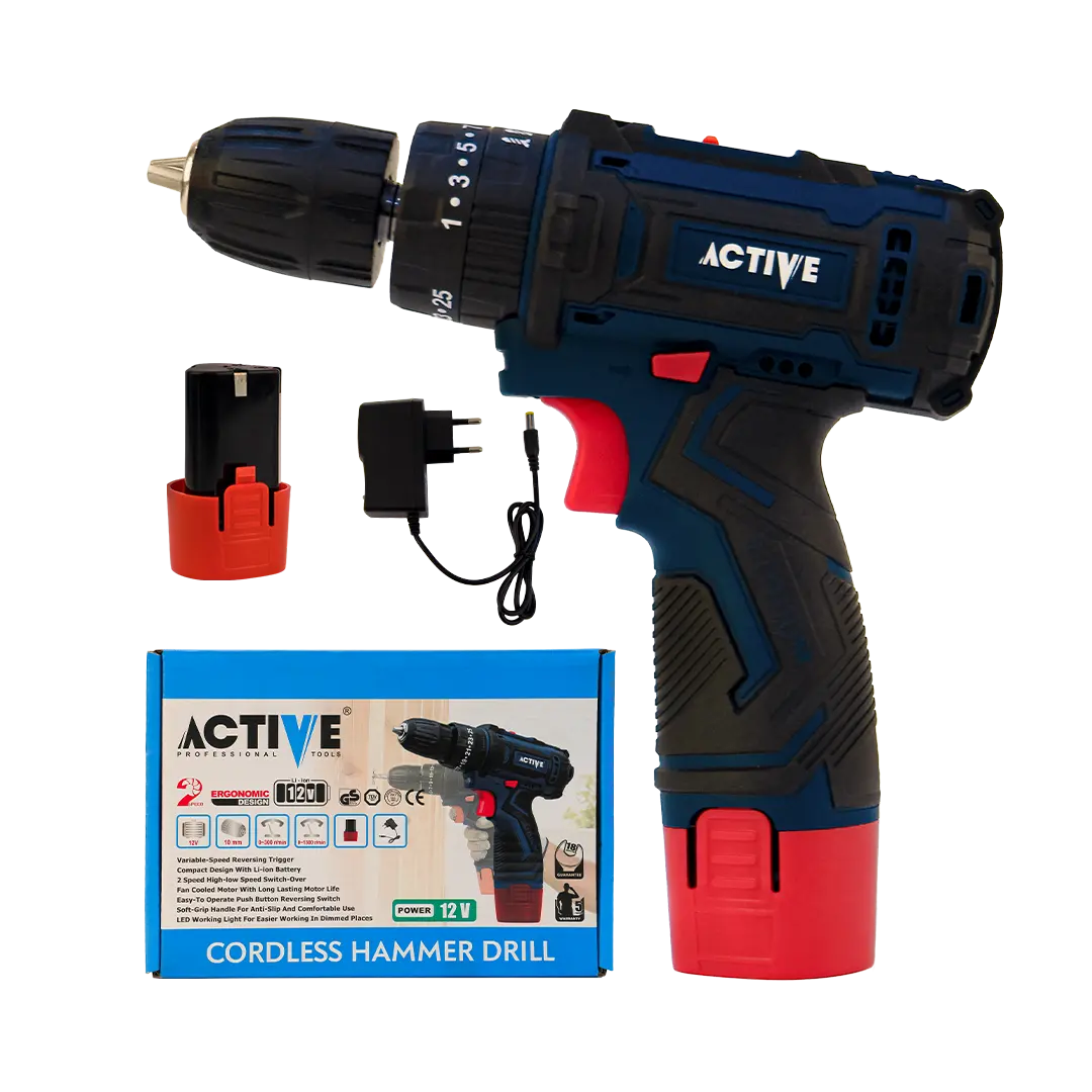 دریل شارژی 12 ولت چکشی اکتیو مدل AC-3222 عکس محصول با متعلقات