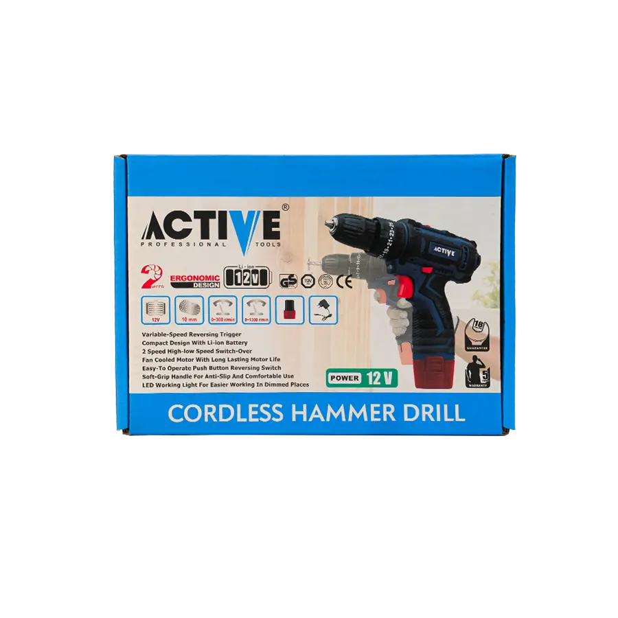 دریل شارژی 12 ولت چکشی اکتیو مدل AC-3222 عکس جعبه محصول