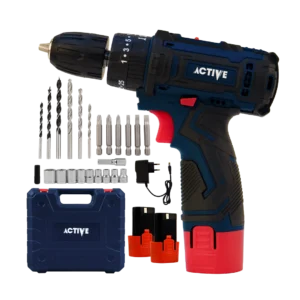 دریل شارژی 12 ولت چکشی اکتیو مدل AC-3222BM عکس محصول همراه متعلقات