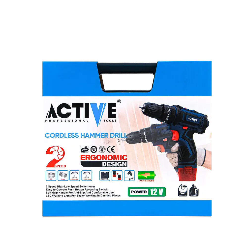 دریل شارژی 12 ولت چکشی اکتیو مدل AC-3222BM عکس جعبه